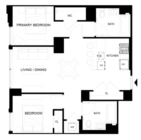 Floor plan for 2 beds, 2 baths, 807 sqft